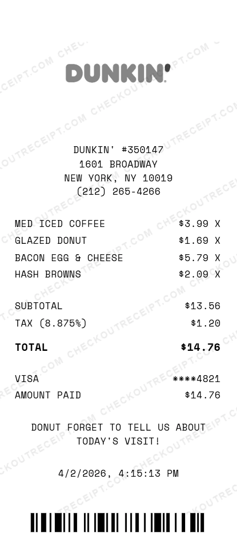 Dunkin' Donuts Receipt