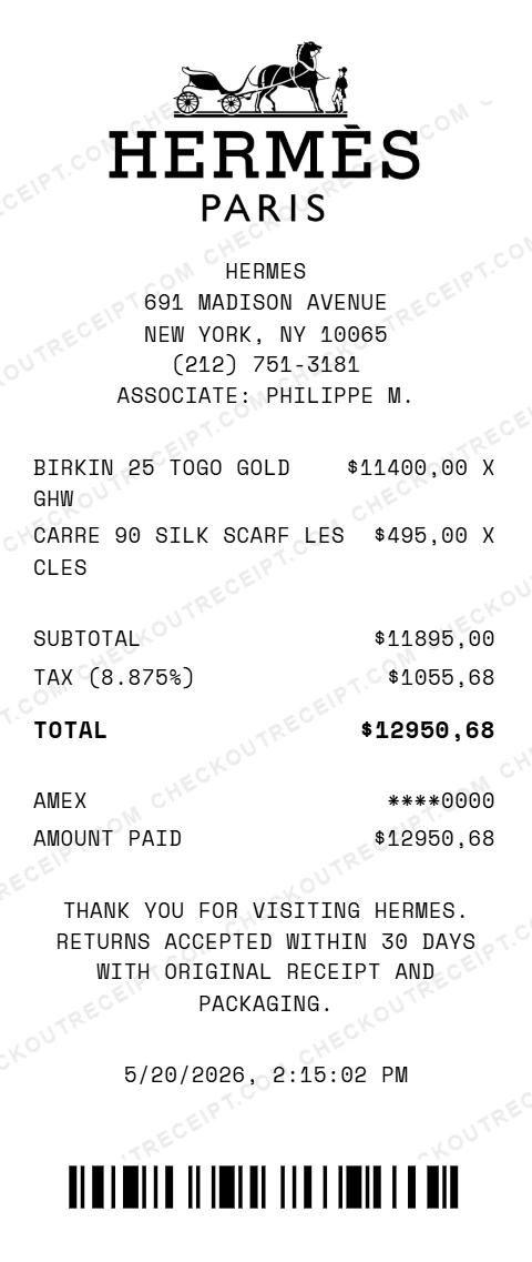 Hermes Receipt Generator
