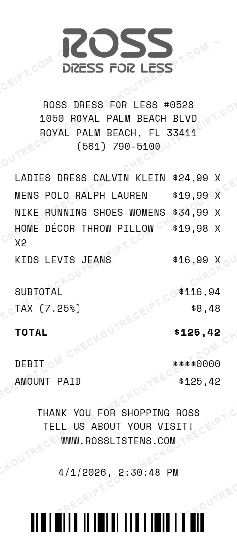 Ross Dress For Less receipt example generated with CheckoutReceipt