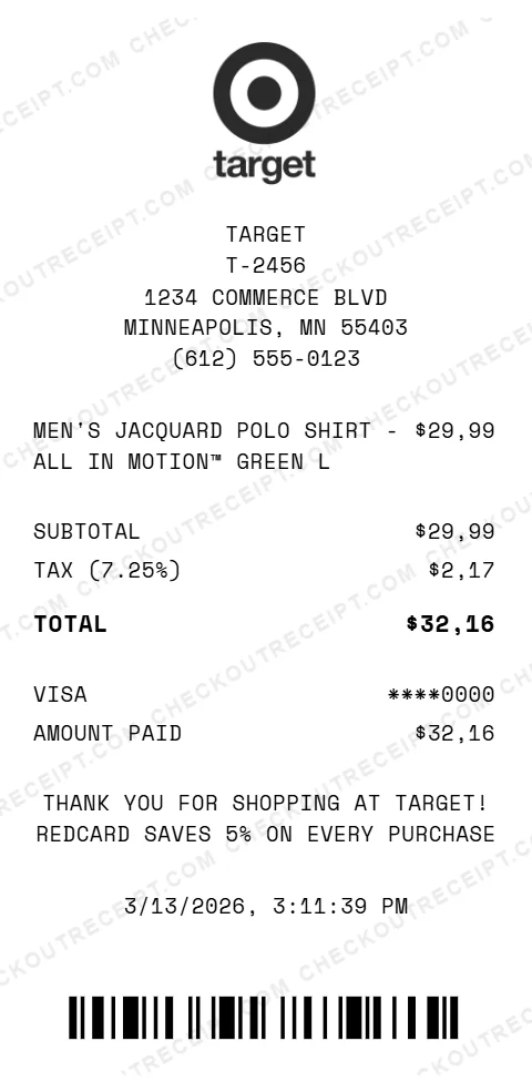 Target clothing receipt showing Men's Jacquard Polo Shirt from All In Motion brand in green size large