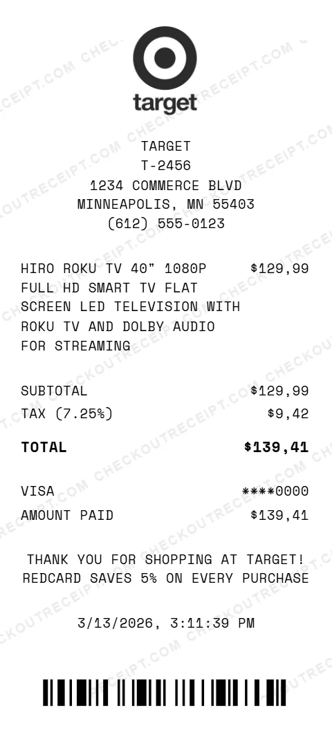 Target electronics receipt showing Hiro Roku TV 40 inch 1080P smart TV purchase for 129.99