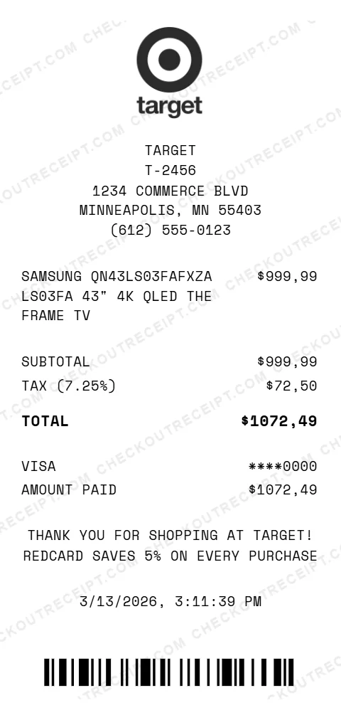 Target electronics receipt showing Samsung 43 inch 4K QLED The Frame TV purchase for 999.99