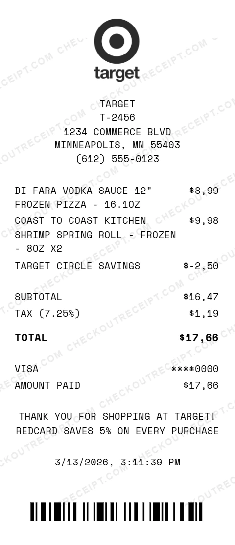 Target grocery receipt showing fresh raspberries and Once Upon a Farm immunity blend with tax and total