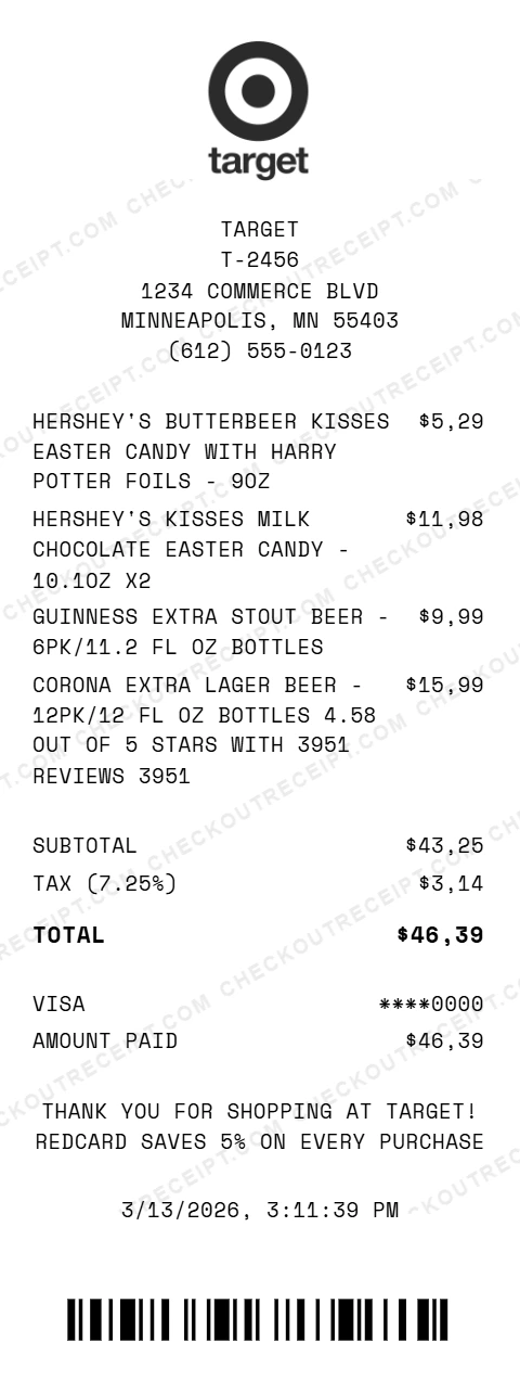 Target grocery receipt showing Hershey's candy, Guinness stout, and Corona beer with tax calculation