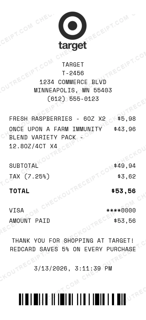 Target grocery receipt showing Di Fara frozen pizza and Coast to Coast shrimp spring rolls with Target Circle savings