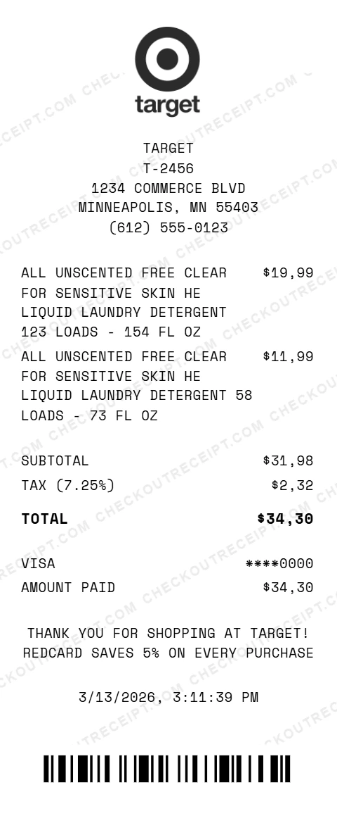 Target household receipt showing two bottles of All Unscented Free Clear laundry detergent