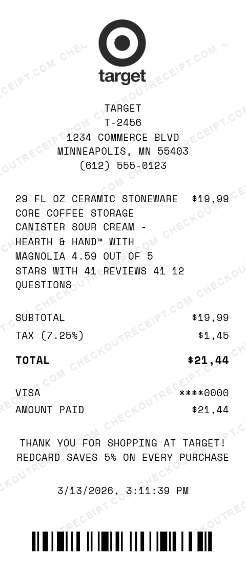 Target household receipt showing Hearth and Hand with Magnolia ceramic coffee storage canister
