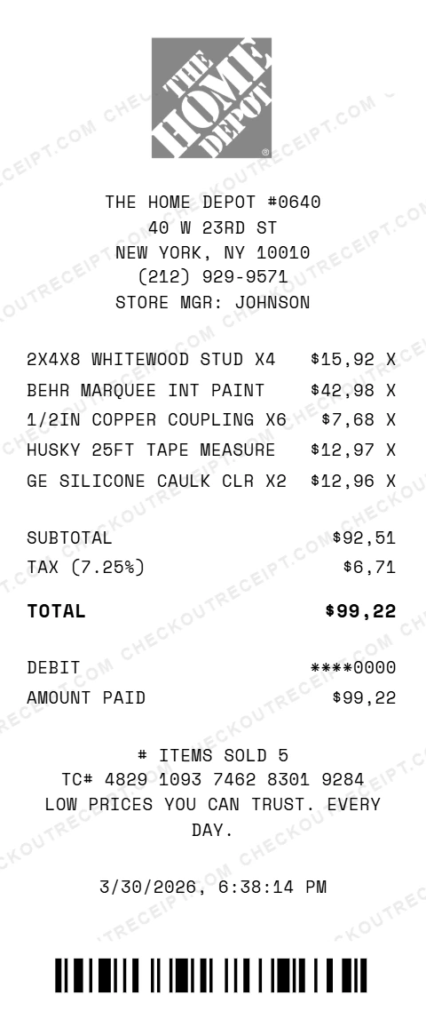 Home Depot Receipt