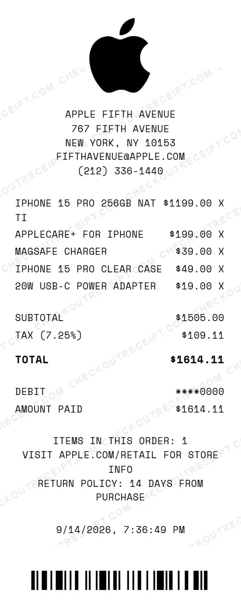 Sample Apple Store receipt from Apple Fifth Avenue in New York, NY, listing an iPhone 15 Pro 256GB, AppleCare+ for iPhone, a MagSafe charger, an iPhone 15 Pro clear case and a 20W USB-C power adapter, with 7.25% tax and a $1614.11 debit card total