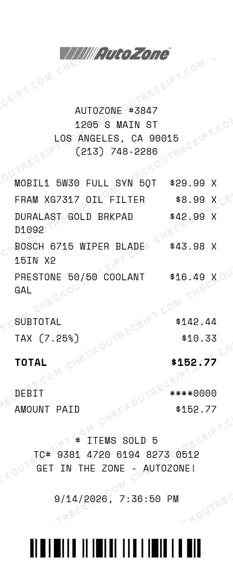 Sample AutoZone receipt from store #3847 in Los Angeles, CA, listing Mobil 1 5W30 full synthetic oil, a Fram XG7317 oil filter, Duralast Gold brake pads, two Bosch 15-inch wiper blades and Prestone 50/50 coolant, with 7.25% tax and a $152.77 debit card total