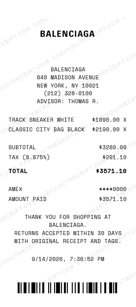 Sample Balenciaga receipt from the boutique at 840 Madison Avenue in New York, NY, listing a white Track sneaker and a black Classic City bag, with 8.875% tax and a $3571.10 American Express total