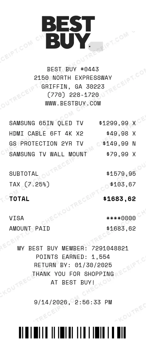 Sample Best Buy receipt from store #0443 in Griffin, GA, listing a Samsung 65-inch QLED TV, two HDMI cables, a Geek Squad protection plan and a TV wall mount, with 7.25% tax and a $1,683.62 Visa total