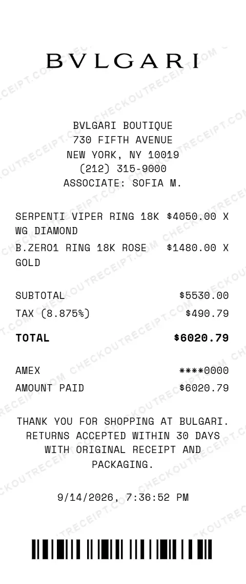 Sample Bulgari receipt from the Bvlgari boutique at 730 Fifth Avenue in New York, NY, listing a Serpenti Viper 18K white gold diamond ring and a B.zero1 18K rose gold ring, with 8.875% tax and a $6020.79 American Express total
