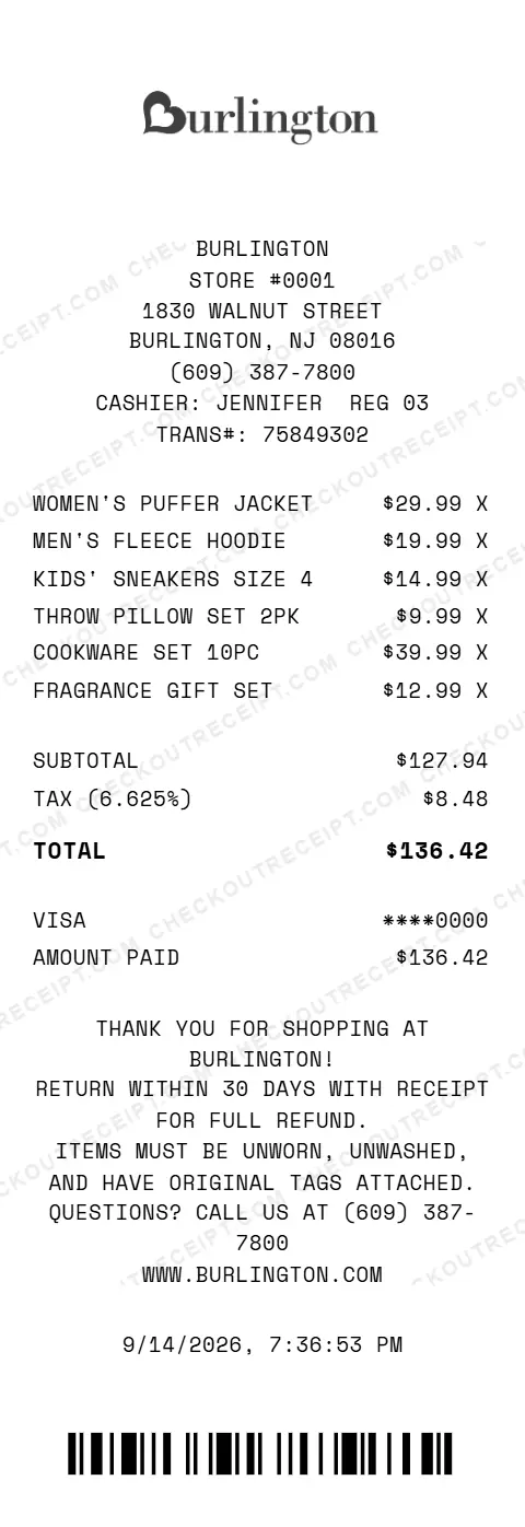 Sample Burlington receipt from store #0001 in Burlington, NJ, listing a women's puffer jacket, a men's fleece hoodie, kids' sneakers, a throw pillow set, a 10-piece cookware set and a fragrance gift set, with 6.625% tax and a $136.42 Visa total