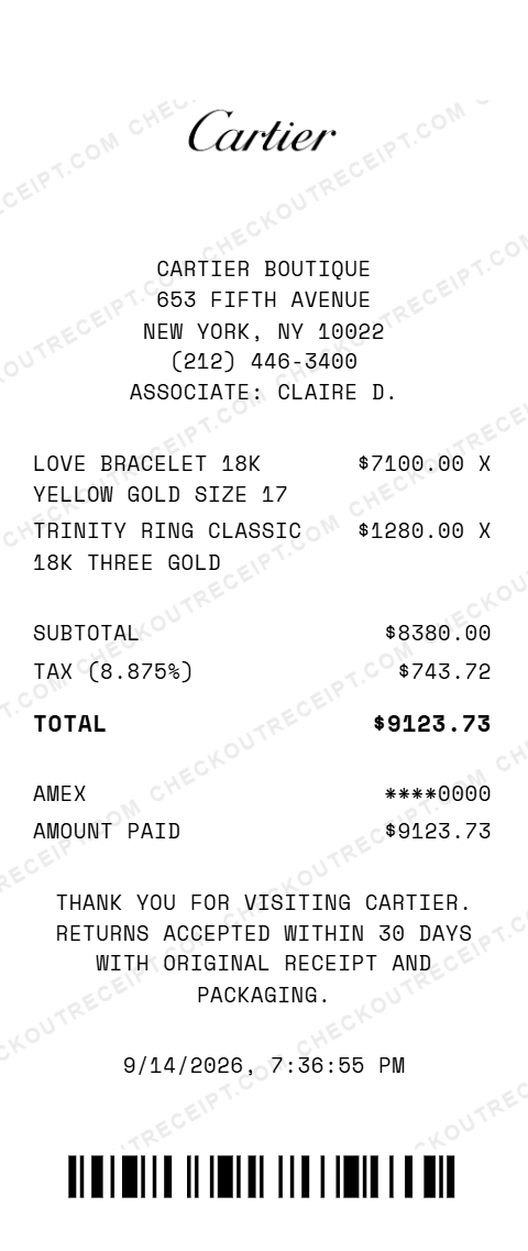 Sample Cartier receipt from the boutique at 653 Fifth Avenue in New York, NY, listing a Love bracelet in 18K yellow gold and a Trinity classic ring in 18K three-gold, with 8.875% tax and a $9123.73 American Express total