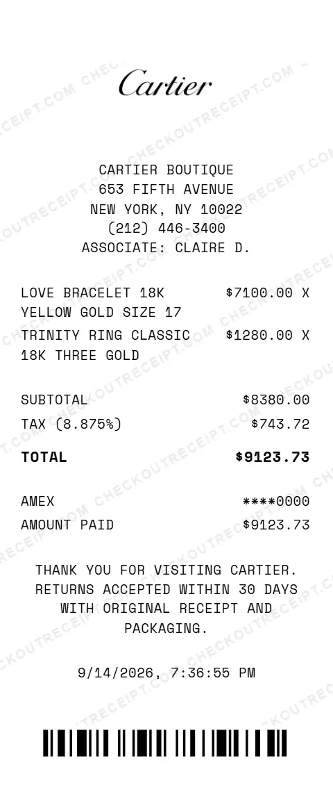 Sample Cartier receipt from the boutique at 653 Fifth Avenue in New York, NY, listing a Love bracelet in 18K yellow gold and a Trinity classic ring in 18K three-gold, with 8.875% tax and a $9123.73 American Express total
