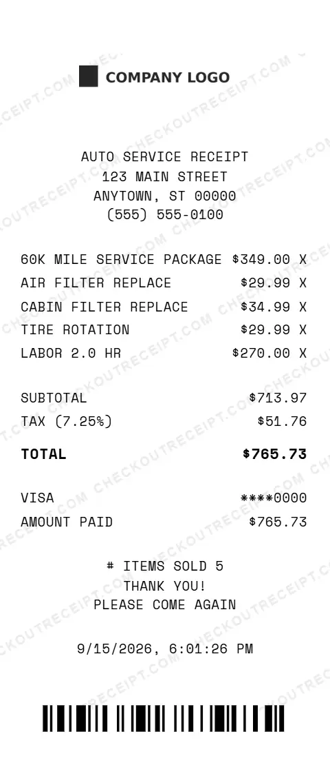 Sample auto service receipt listing a 60K mile service package, air filter and cabin filter replacements, a tire rotation and 2 hours of labor, with 7.25% tax and a $765.73 Visa total