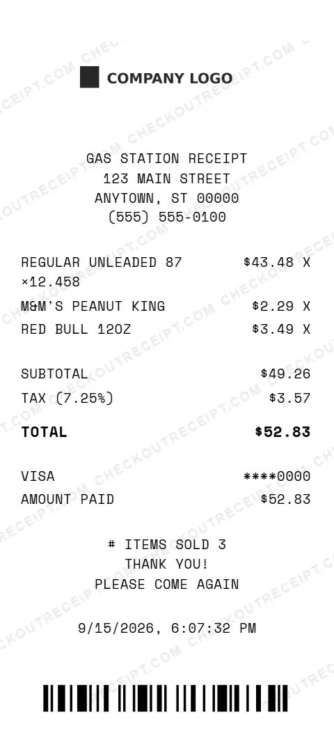 Sample gas station receipt listing $43.48 of regular unleaded 87, a king size M&M's Peanut and a 12 oz Red Bull, with 7.25% tax and a $52.83 Visa total