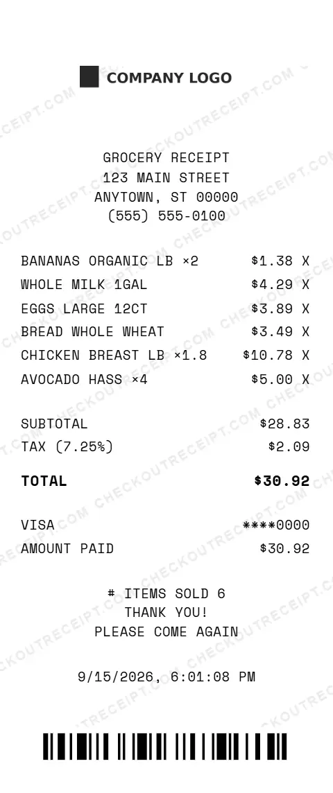 Sample grocery receipt listing organic bananas, a gallon of whole milk, a dozen large eggs, whole wheat bread, chicken breast and four Hass avocados, with 7.25% tax and a $30.92 Visa total