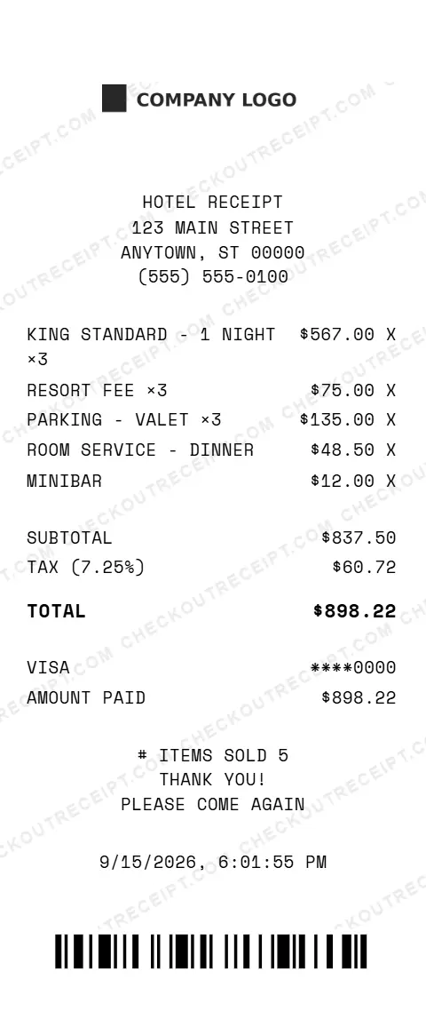 Sample hotel receipt listing three nights in a king standard room, resort fees, valet parking, a room service dinner and a minibar charge, with 7.25% tax and an $898.22 Visa total