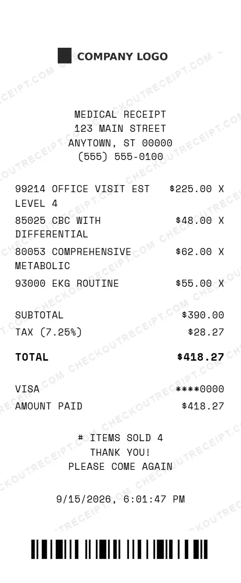 Sample medical receipt listing a level 4 established patient office visit (99214), a CBC with differential (85025), a comprehensive metabolic panel (80053) and a routine EKG (93000), with 7.25% tax and a $418.27 Visa total