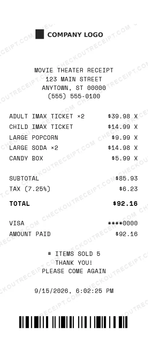 Sample movie theater receipt listing two adult IMAX tickets, a child IMAX ticket, a large popcorn, two large sodas and a box of candy, with 7.25% tax and a $92.16 Visa total