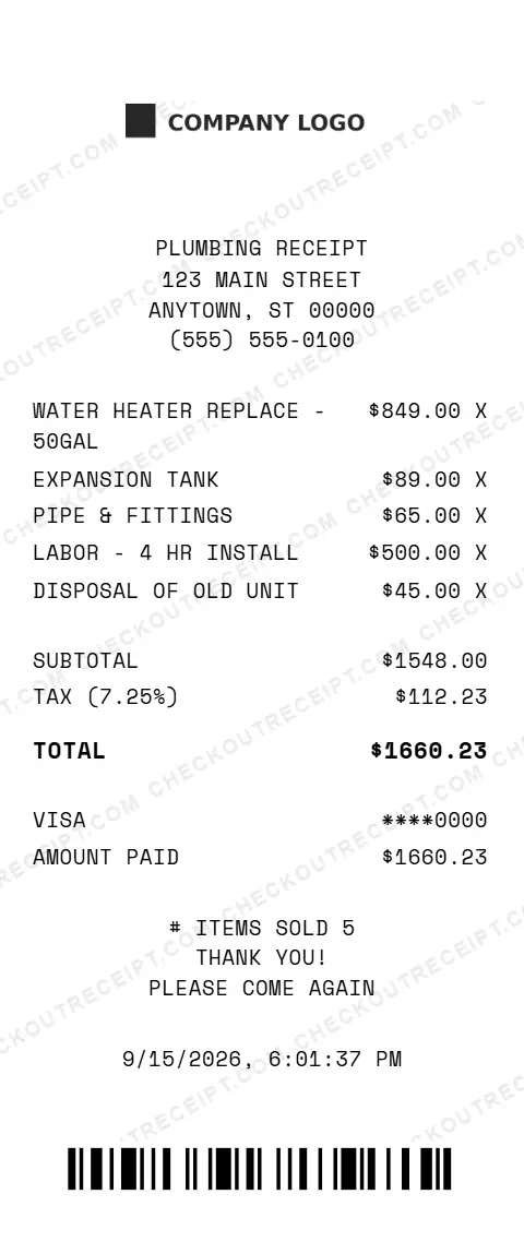 Sample plumbing receipt listing a 50-gallon water heater replacement, an expansion tank, pipe and fittings, 4 hours of installation labor and disposal of the old unit, with 7.25% tax and a $1660.23 Visa total
