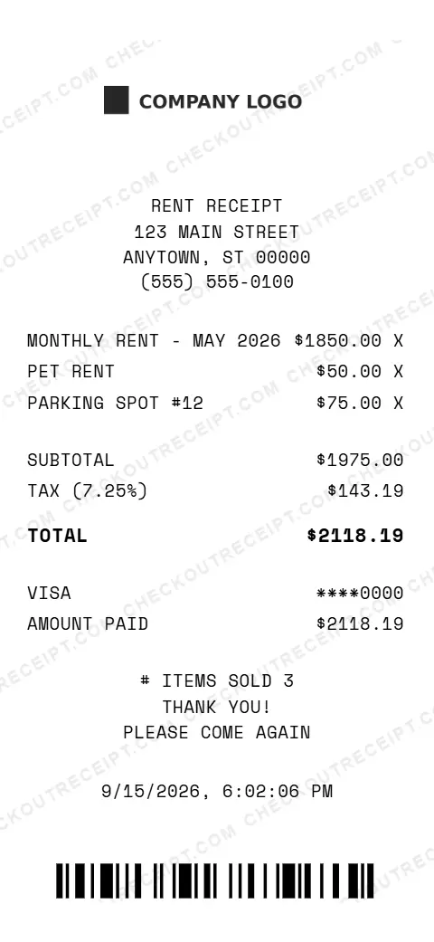 Sample rent receipt listing monthly rent for May 2026, pet rent and a parking spot, with 7.25% tax and a $2118.19 Visa total