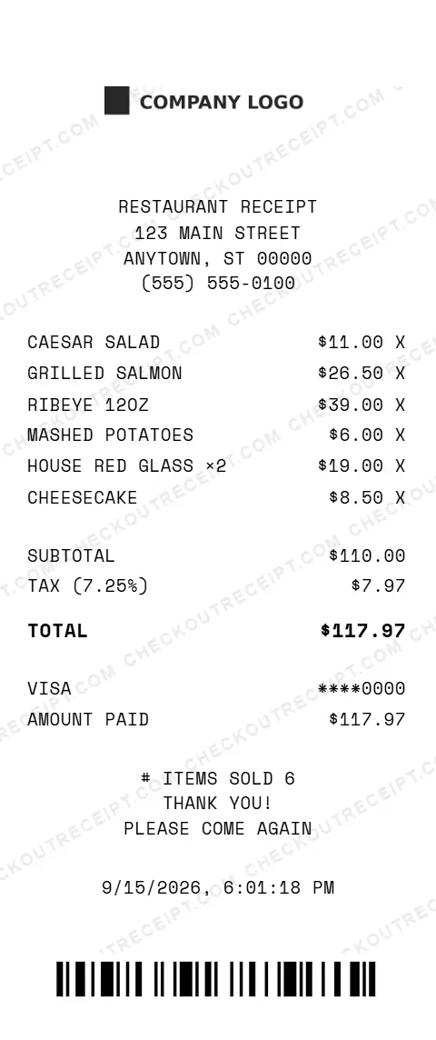 Sample restaurant receipt listing a Caesar salad, grilled salmon, a 12 oz ribeye, mashed potatoes, two glasses of house red wine and cheesecake, with 7.25% tax and a $117.97 Visa total