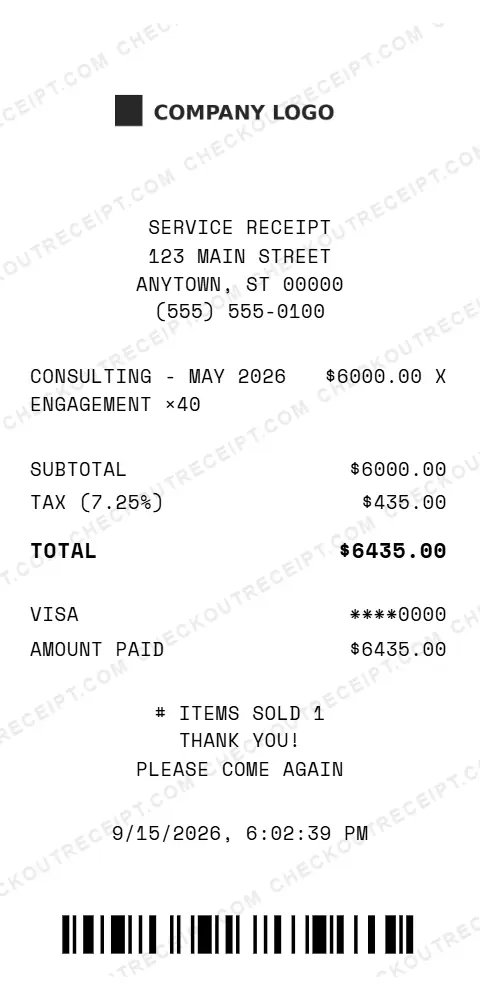 Sample service receipt listing a May 2026 consulting engagement, with 7.25% tax and a $6435.00 Visa total