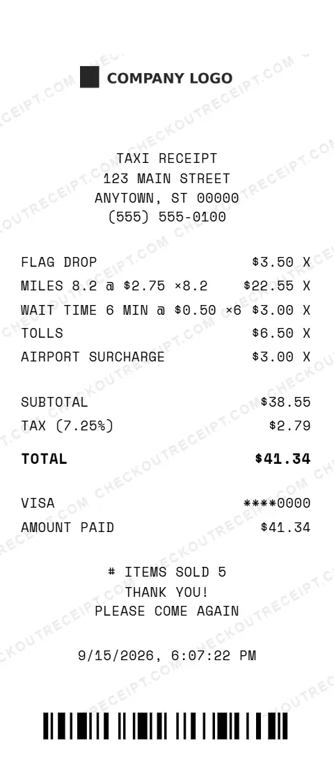 Sample taxi receipt listing a flag drop, 8.2 miles at $2.75, 6 minutes of wait time, tolls and an airport surcharge, with 7.25% tax and a $41.34 Visa total