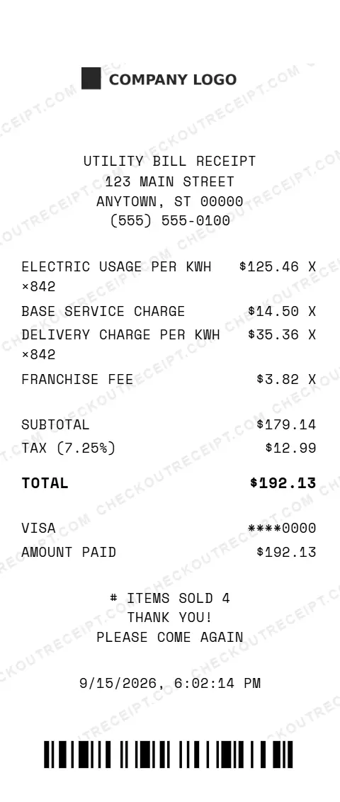 Sample utility bill receipt listing 842 kWh of electric usage, a base service charge, a per-kWh delivery charge and a franchise fee, with 7.25% tax and a $192.13 Visa total