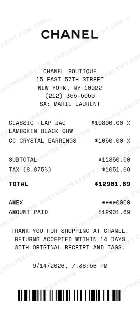Sample Chanel receipt from the boutique at 15 East 57th Street in New York, NY, listing a black lambskin Classic Flap bag and CC crystal earrings, with 8.875% tax and a $12901.69 American Express total