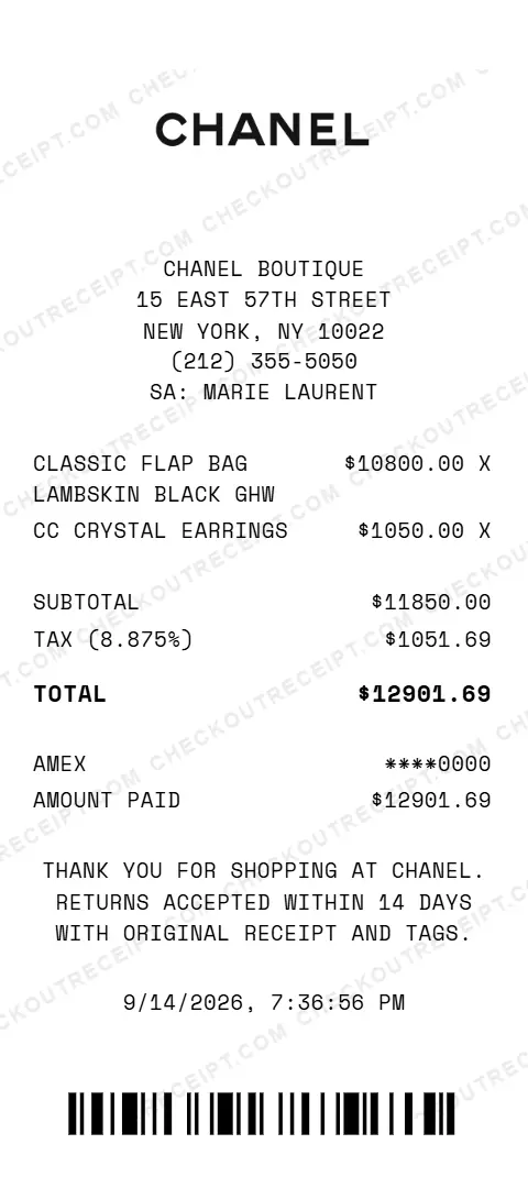 Sample Chanel receipt from the boutique at 15 East 57th Street in New York, NY, listing a black lambskin Classic Flap bag and CC crystal earrings, with 8.875% tax and a $12901.69 American Express total