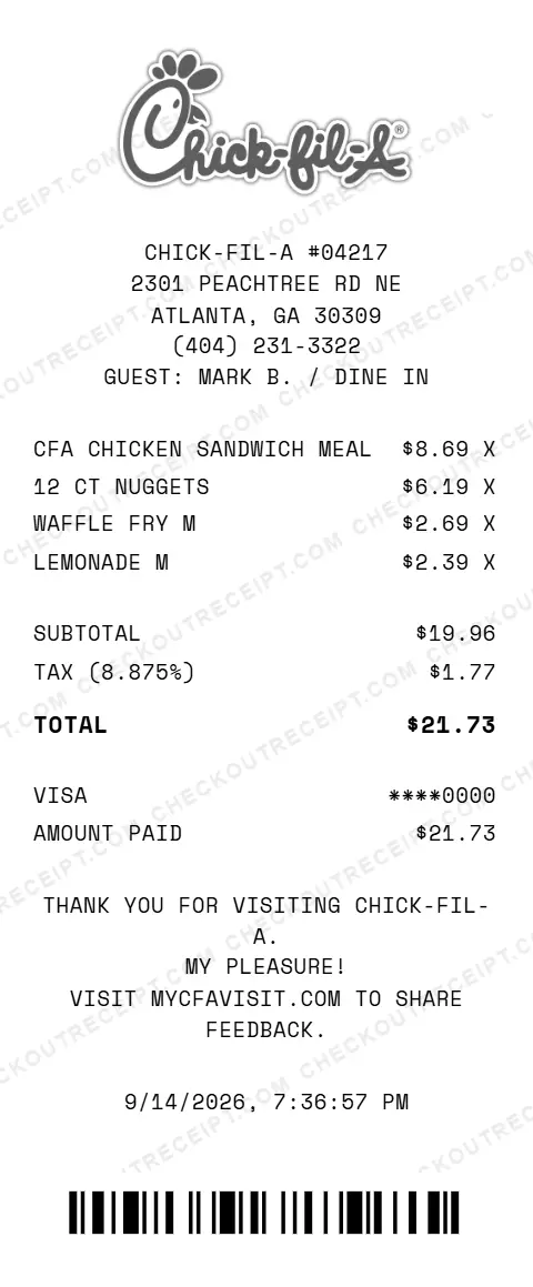 Sample Chick-fil-A receipt from store #04217 in Atlanta, GA, listing a chicken sandwich meal, 12-count nuggets, medium waffle fries and a medium lemonade, with 8.875% tax and a $21.73 Visa total