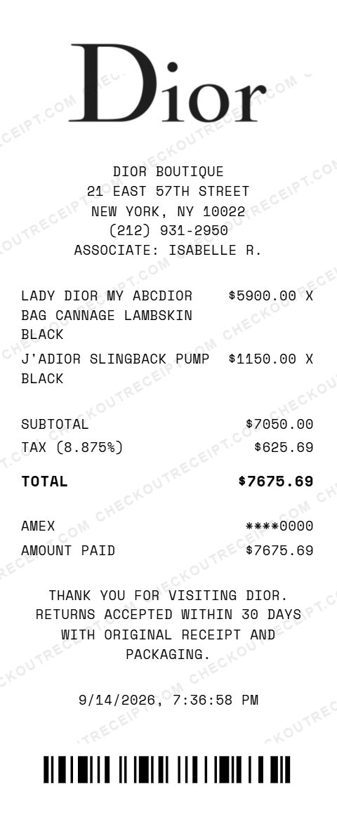 Sample Dior receipt from the boutique at 21 East 57th Street in New York, NY, listing a black lambskin Lady Dior My ABCDior bag and black J'Adior slingback pumps, with 8.875% tax and a $7675.69 American Express total