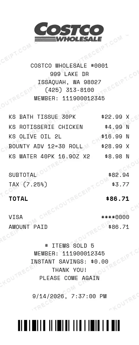 Sample Costco Wholesale receipt from store #0001 in Issaquah, WA, listing Kirkland Signature bath tissue, a rotisserie chicken and olive oil, Bounty paper towels and two 40-packs of bottled water, with 7.25% tax and an $86.71 Visa total