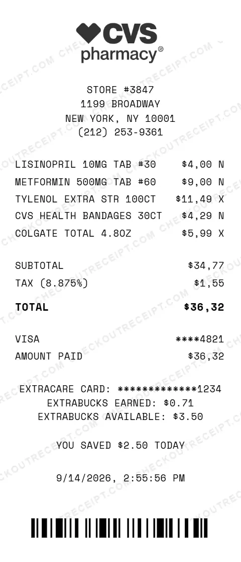 Sample CVS Pharmacy receipt from store #3847 in New York, NY, listing two prescriptions (lisinopril and metformin), Tylenol Extra Strength, CVS Health bandages and Colgate Total toothpaste, with 8.875% tax and a $36.32 Visa total