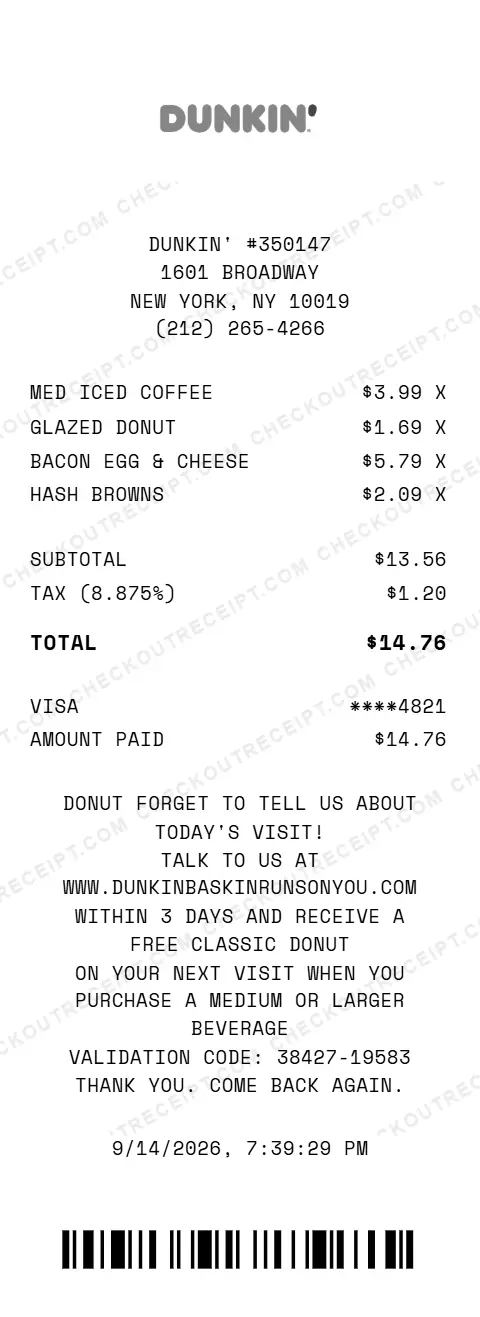 Sample Dunkin' receipt from store #350147 in New York, NY, listing a medium iced coffee, a glazed donut, a bacon, egg and cheese sandwich and hash browns, with 8.875% tax and a $14.76 Visa total