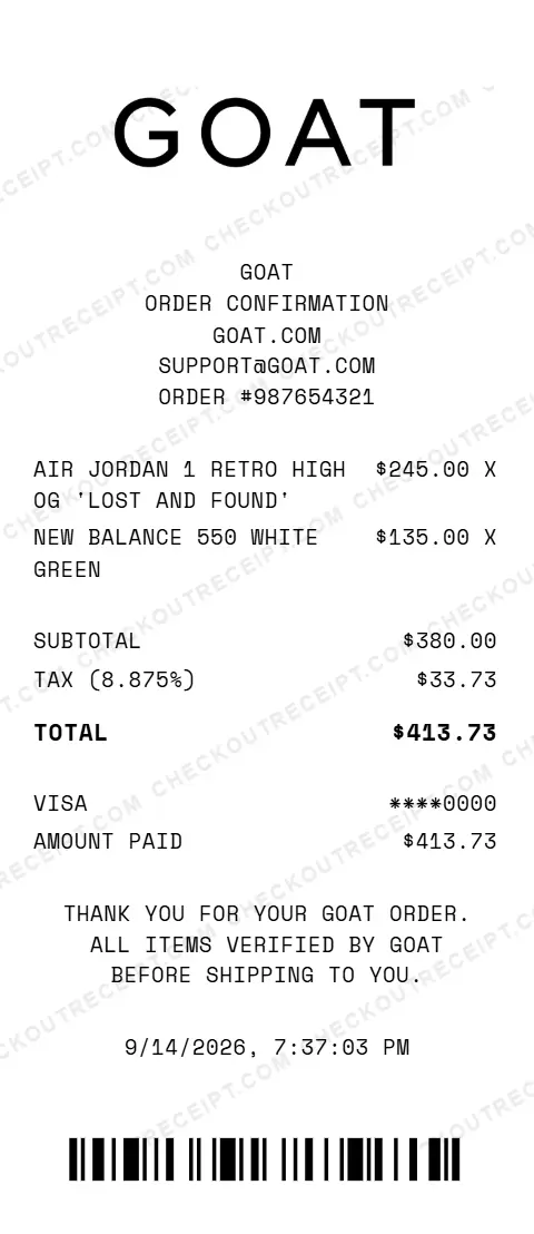 Sample GOAT order confirmation for order #987654321, listing Air Jordan 1 Retro High OG 'Lost and Found' and New Balance 550 White Green sneakers, with 8.875% tax and a $413.73 Visa total