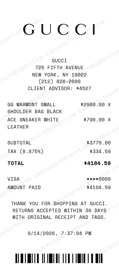 Sample Gucci receipt from the store at 725 Fifth Avenue in New York, NY, listing a black GG Marmont small shoulder bag and white leather Ace sneakers, with 8.875% tax and a $4104.59 Visa total