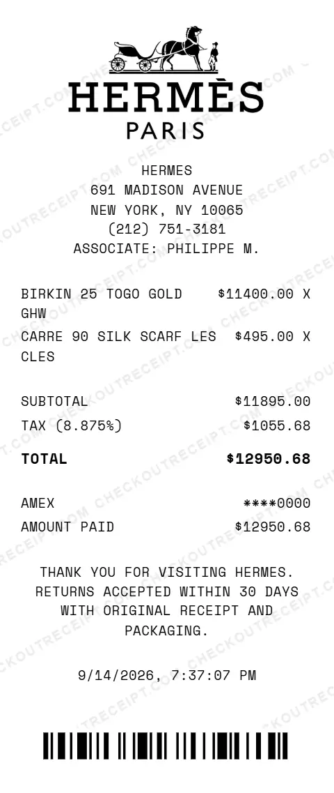 Sample Hermes receipt from the boutique at 691 Madison Avenue in New York, NY, listing a Birkin 25 in Togo leather and a Carre 90 Les Cles silk scarf, with 8.875% tax and a $12950.68 American Express total