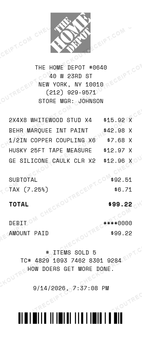 Sample Home Depot receipt from store #0640 in New York, NY, listing four 2x4x8 whitewood studs, Behr Marquee interior paint, six 1/2-inch copper couplings, a Husky 25-foot tape measure and two tubes of GE silicone caulk, with 7.25% tax and a $99.22 debit card total