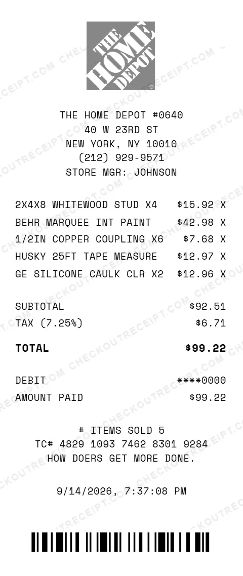 Sample Home Depot receipt from store #0640 in New York, NY, listing four 2x4x8 whitewood studs, Behr Marquee interior paint, six 1/2-inch copper couplings, a Husky 25-foot tape measure and two tubes of GE silicone caulk, with 7.25% tax and a $99.22 debit card total