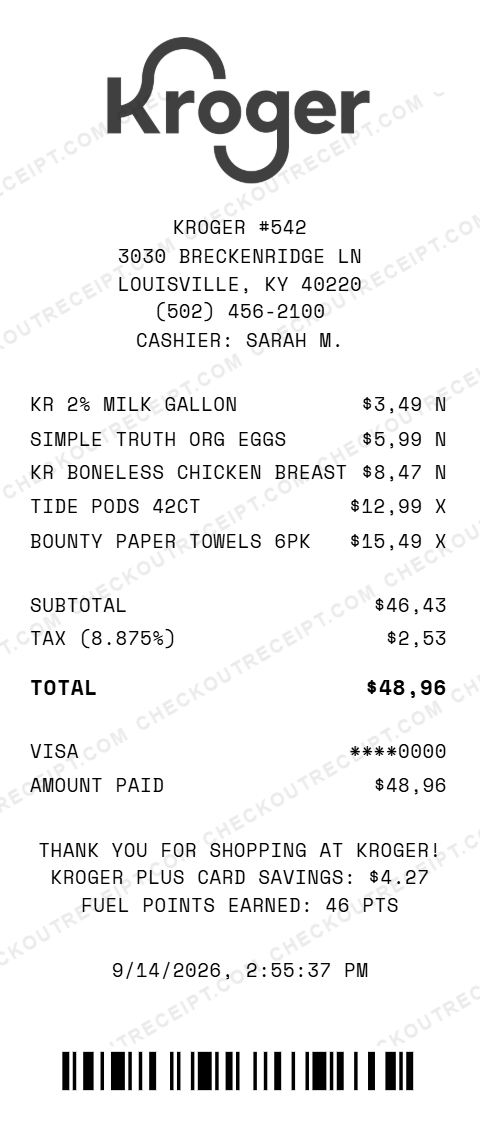 Sample Kroger receipt from store #542 in Louisville, KY, listing 2% milk, Simple Truth organic eggs, boneless chicken breast, Tide Pods and Bounty paper towels, with 8.875% tax and a $48.96 Visa total
