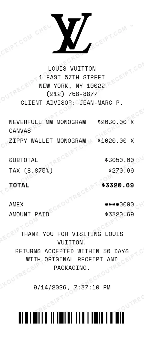 Sample Louis Vuitton receipt from the store at 1 East 57th Street in New York, NY, listing a Neverfull MM in Monogram canvas and a Monogram Zippy wallet, with 8.875% tax and a $3320.69 American Express total