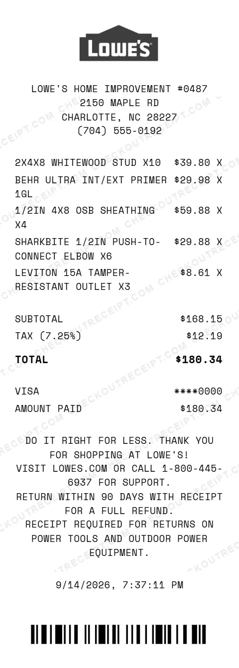 Sample Lowe's receipt from store #0487 in Charlotte, NC, listing ten 2x4x8 whitewood studs, a gallon of Behr Ultra primer, four sheets of 1/2-inch OSB sheathing, six SharkBite push-to-connect elbows and three Leviton tamper-resistant outlets, with 7.25% tax and a $180.34 Visa total