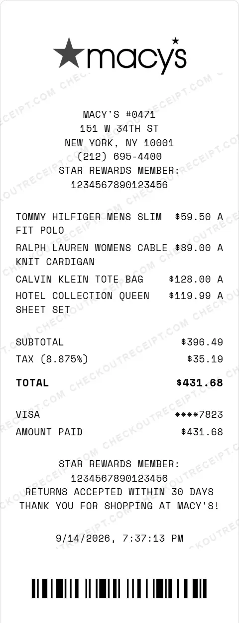 Sample Macy's receipt from store #0471 in New York, NY, listing a Tommy Hilfiger men's slim fit polo, a Ralph Lauren women's cable knit cardigan, a Calvin Klein tote bag and a Hotel Collection queen sheet set, with 8.875% tax and a $431.68 Visa total