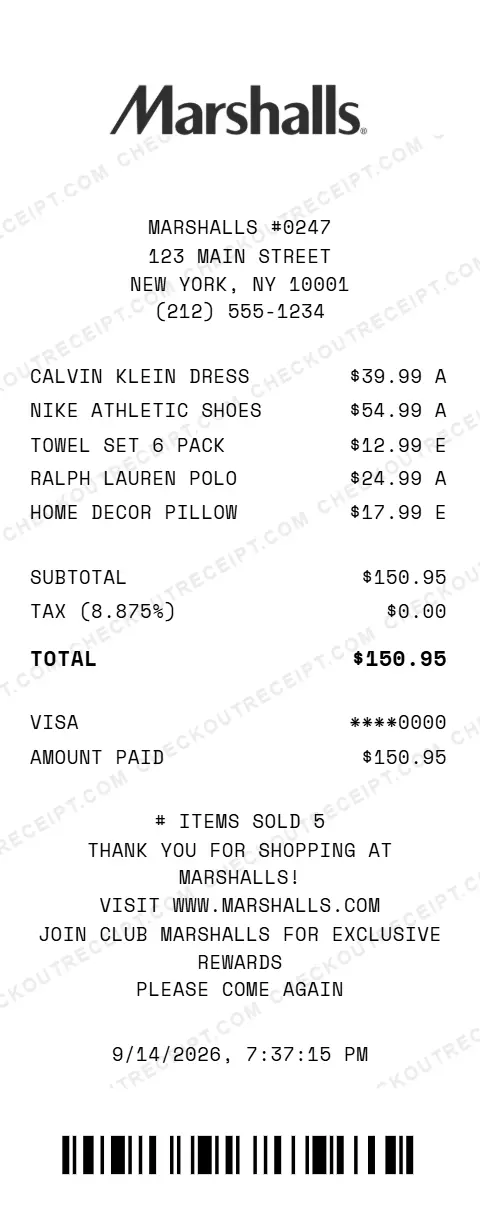 Sample Marshalls receipt from store #0247 in New York, NY, listing a Calvin Klein dress, Nike athletic shoes, a 6-pack towel set, a Ralph Lauren polo and a home decor pillow, with $0.00 tax at 8.875% and a $150.95 Visa total