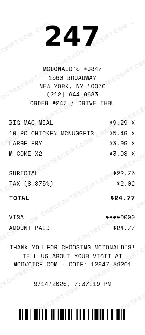 Sample McDonald's receipt from store #3847 in New York, NY, listing a Big Mac meal, 10-piece Chicken McNuggets, a large fry and two medium Cokes, with 8.875% tax and a $24.77 Visa total